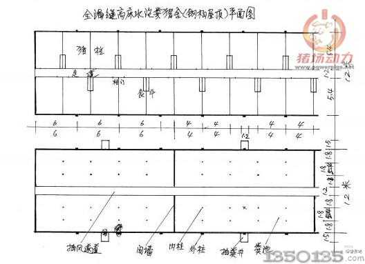 全漏縫高床水泡糞豬舍（鋼構(gòu)屋頂）平面圖