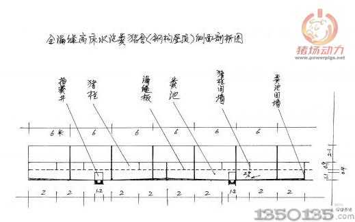 全漏縫高床水泡糞豬舍（鋼構(gòu)層頂）側(cè)面剖析圖